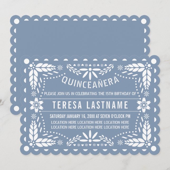 Invitation Papier bleu et blanc poussiéreux picado Quinceañer (Devant / Derrière)