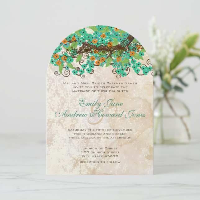 Invitation Papier Brown Aqua Orange & Lime Cherry Blossom (Debout devant)