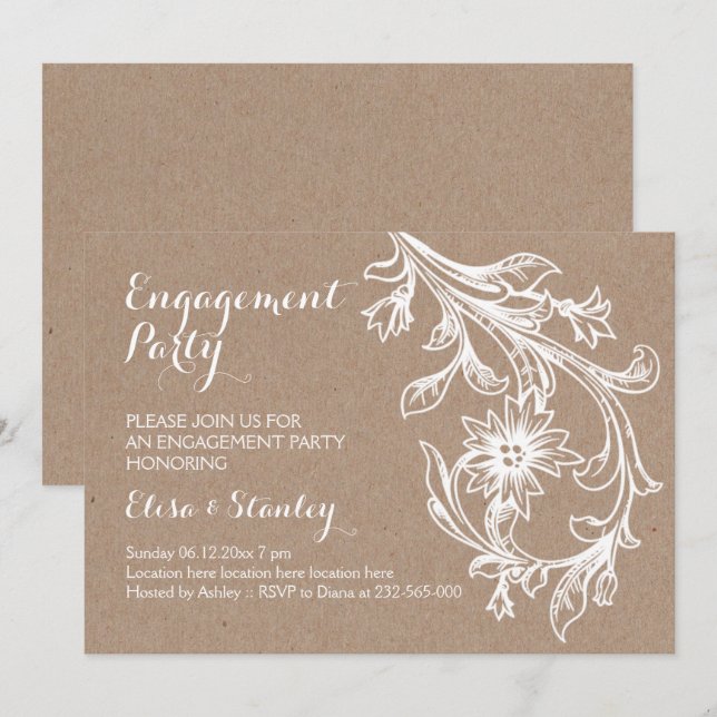 Invitation Papier craft floral blanc pour mariage et fiançail (Devant / Derrière)
