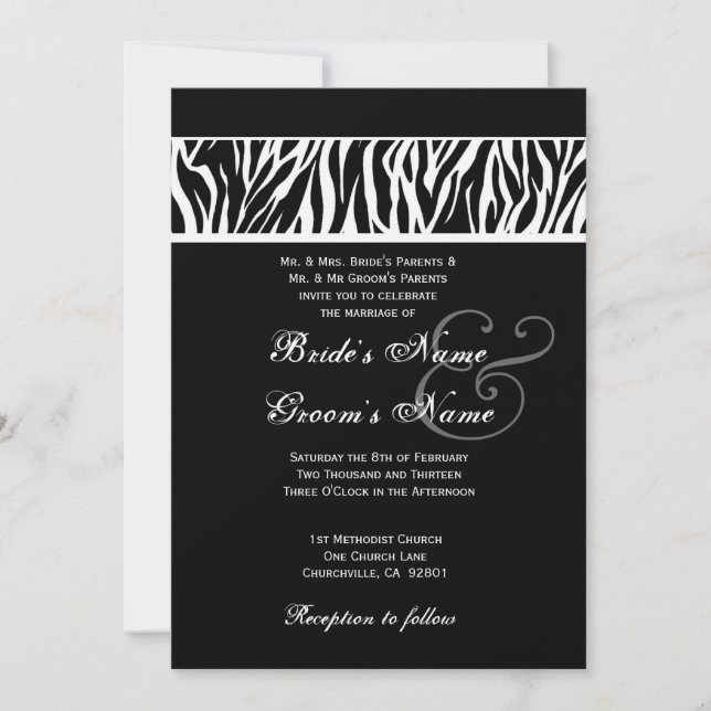 Invitation Papier en lin Mariage Zèbre noir et blanc (Devant)