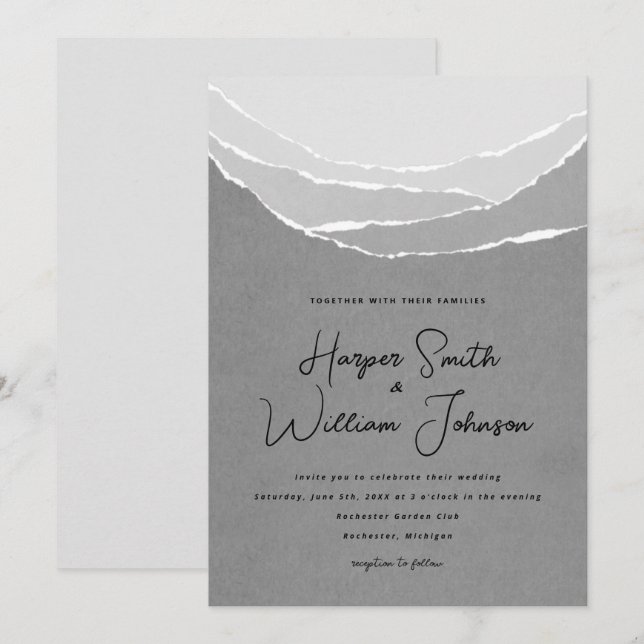 Invitation papier gris déchiqueté montagnes mariage (Devant / Derrière)