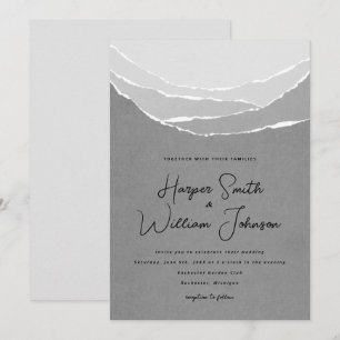 Invitation papier gris déchiqueté montagnes mariage