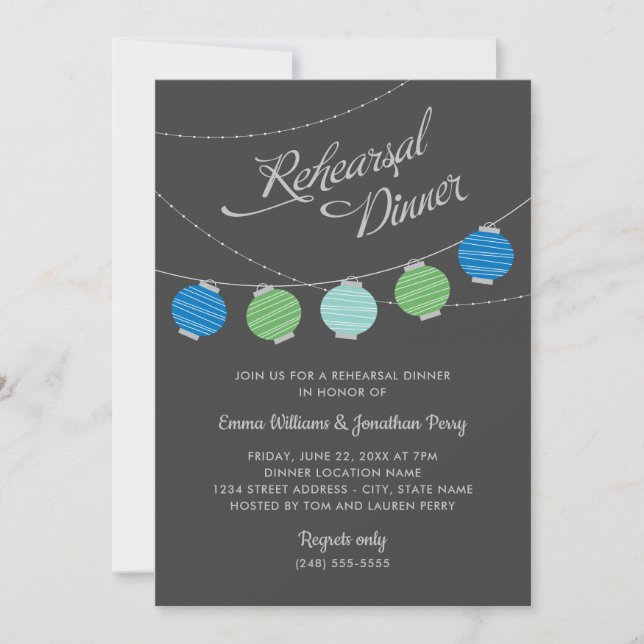 Invitation Papier Lanternes Bleu Vert Mariage Dîner de répéti (Devant)