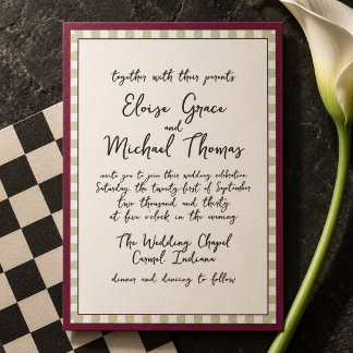 Invitation Papier manuscrit framboise et sauge rayé
