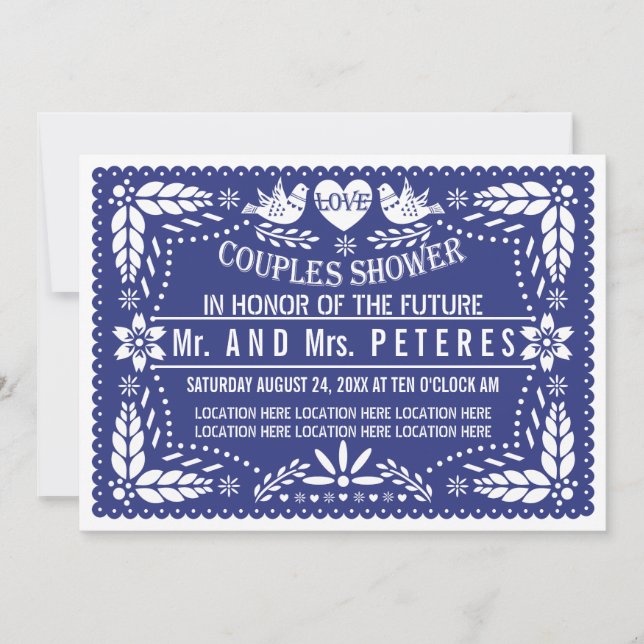 Invitation Papier picado bleu foncé mariage couple douche (Devant)
