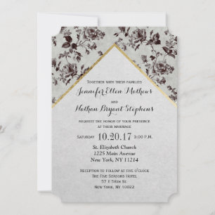 Invitation Papier Recyclé Black & White Floral & Gold Triage