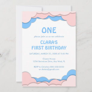 Invitation Papier rose Et Bleu Coupé Premier Anniversaire