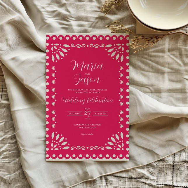 Invitation Papier rose mexicain Picado Mariage traditionnel B (Mexican Pink Papel Picado Traditional Boda Wedding Invitation)