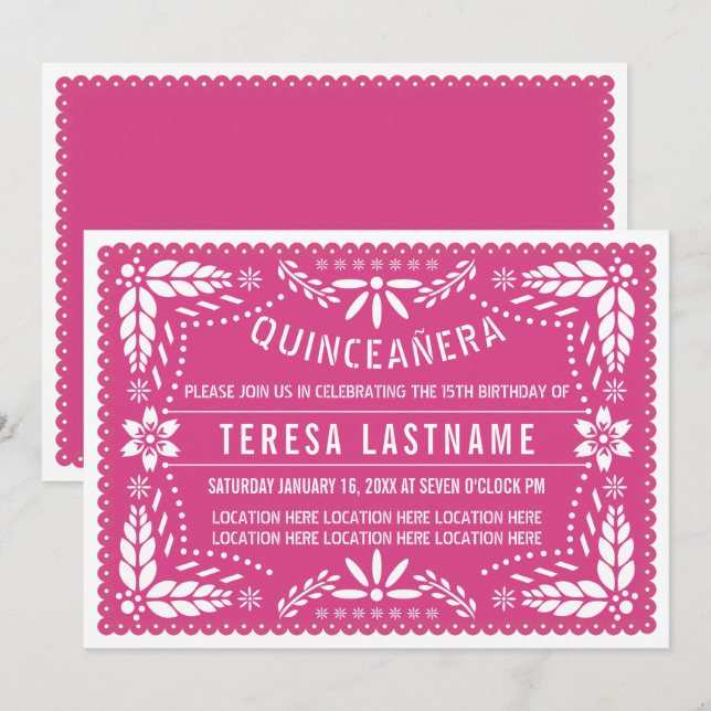 Invitation Papier rose quinceañera (Devant / Derrière)