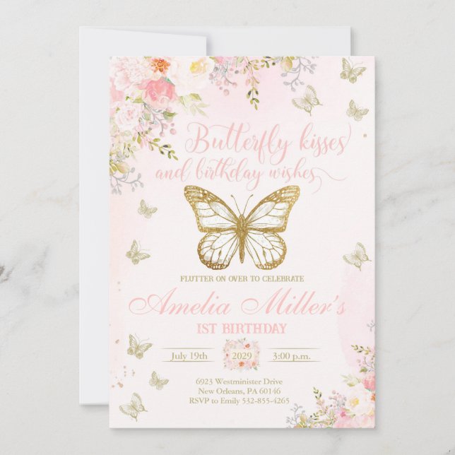 Invitation Papillon 1er anniversaire, Filles 1er anniversaire (Devant)