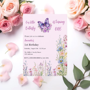 Invitation Papillon 1er anniversaire rose violet fille
