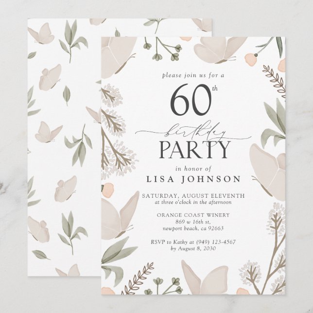 Invitation Papillon 60e anniversaire de fête aquarelle Neutre (Devant / Derrière)