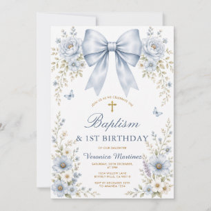 Invitation Papillon à nœud papillon bleu poussiéreux Baptême
