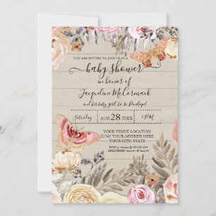 Invitation Papillon Aquarelle Brouille Floral Rose Bois rusti