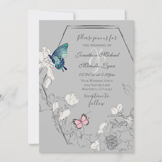 Invitation Papillon aquarelle et Mariage géométrique Fleur (Devant)