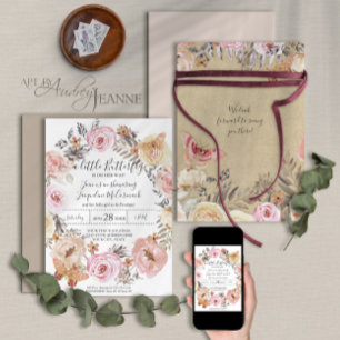 Invitation Papillon Aquarelle Wreath rose Floral Baby Girl