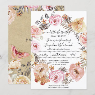 Invitation Papillon Aquarelle Wreath rose Floral Baby Girl