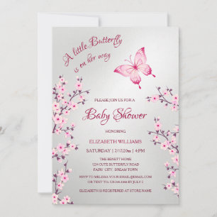 Invitation Papillon argent rose Fille Baby Shower