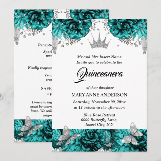 Invitation papillon argenté turquoise bleu rose quinceanera (Devant / Derrière)