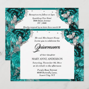 Invitation papillon argenté turquoise élégant rose quinceaner
