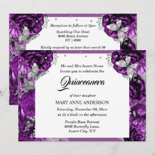 Invitation Papillon argenté violet élégant rose quinceanera