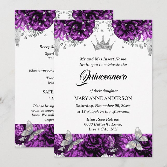 Invitation Papillon argenté violet rose quinceanera (Devant / Derrière)