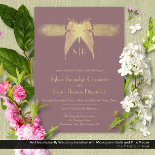 Invitation Papillon Art déco Monogramme Mariage rose et or