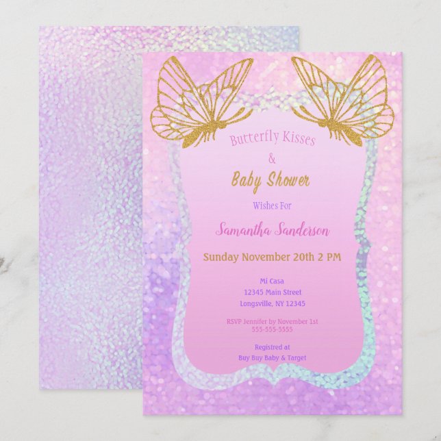 Invitation Papillon Baby shower fille Parties scintillant or  (Devant / Derrière)