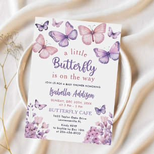 Invitation Papillon Baby shower Purple Floral Rose Girl