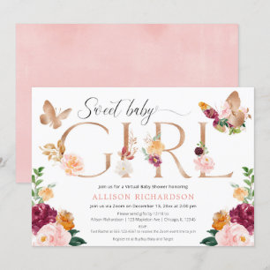 Invitation Papillon baby shower virtuel rose bordeaux floral