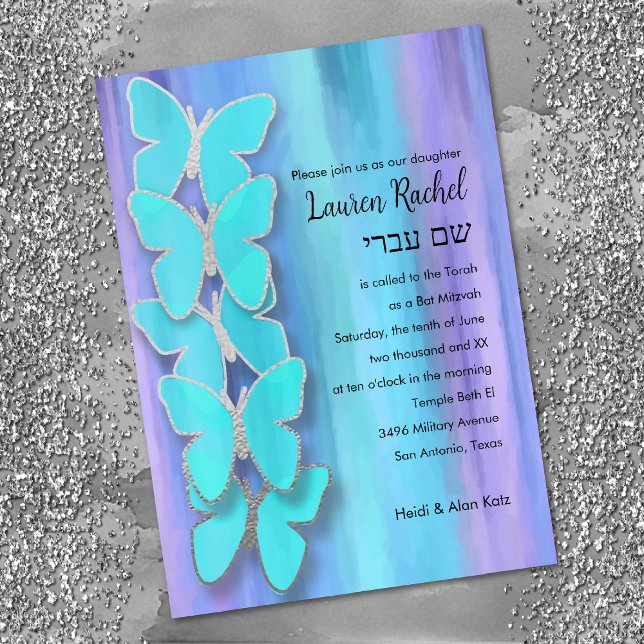 Invitation Papillon bat mitzvah Turquoise Purple Aquarelle (Créateur téléchargé)