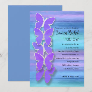 Invitation Papillon bat mitzvah Turquoise Purple Aquarelle