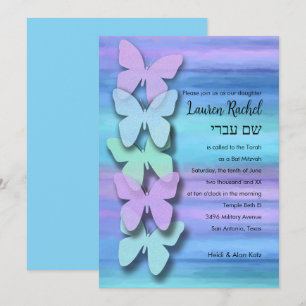 Invitation Papillon bat mitzvah Turquoise Purple Aquarelle