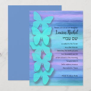 Invitation Papillon bat mitzvah Turquoise Purple Aquarelle