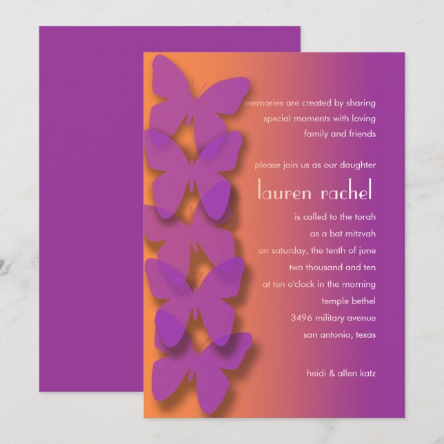 Invitation Papillon bat mitzvah violet orange ombre (Devant / Derrière)