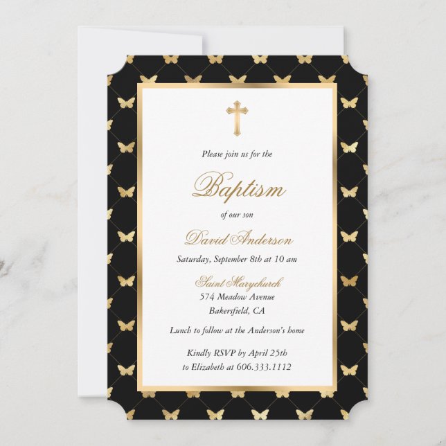 Invitation Papillon Black Gold Cross Élégant Script Baptême (Devant)