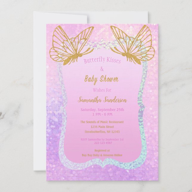 Invitation Papillon blanc Baby shower rose et or (Devant)