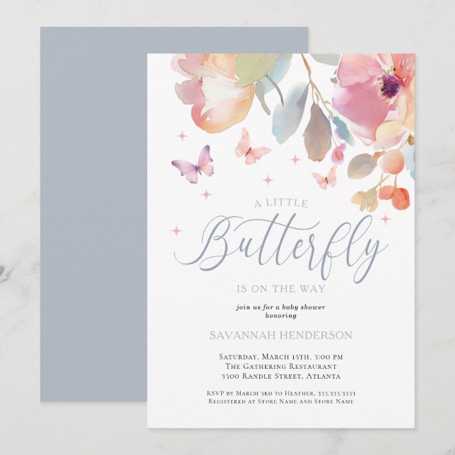 Invitation Papillon blanc rose Baby shower floral (Devant / Derrière)