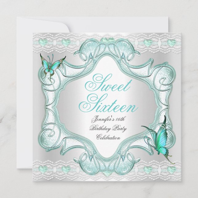 Invitation Papillon blanc turquoise Sweet sixteen 16 Partie (Devant)