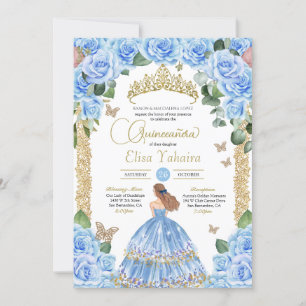 Invitation Papillon bleu clair Floral Or Quinceañera