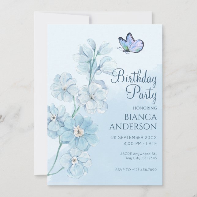 Invitation Papillon bleu Fleur Aquarelle Anniversaire (Devant)