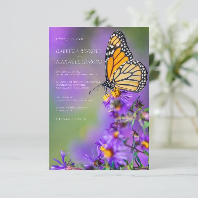 Invitation Papillon bleu Mariage floral personnalisable Aster (Debout devant)
