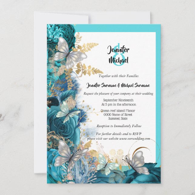 Invitation Papillon bleu rose bleu mariage or (Devant)
