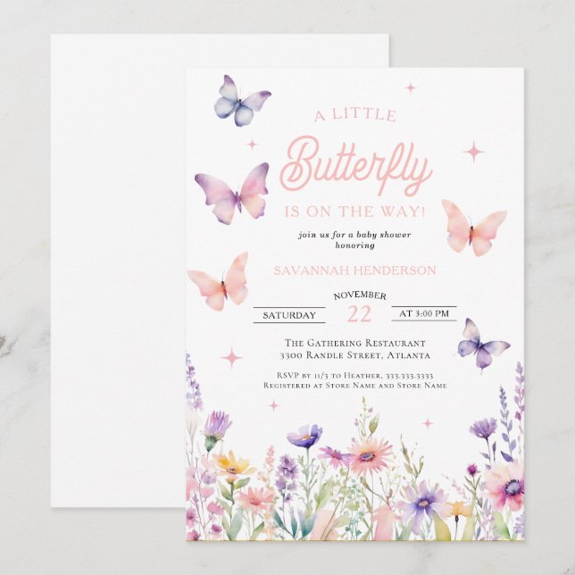 Invitation Papillon bleu rose Fleur sauvage Baby shower Flora (Devant / Derrière)