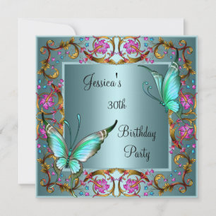 Invitation Papillon bleu sarcelle floral rose 30e anniversair