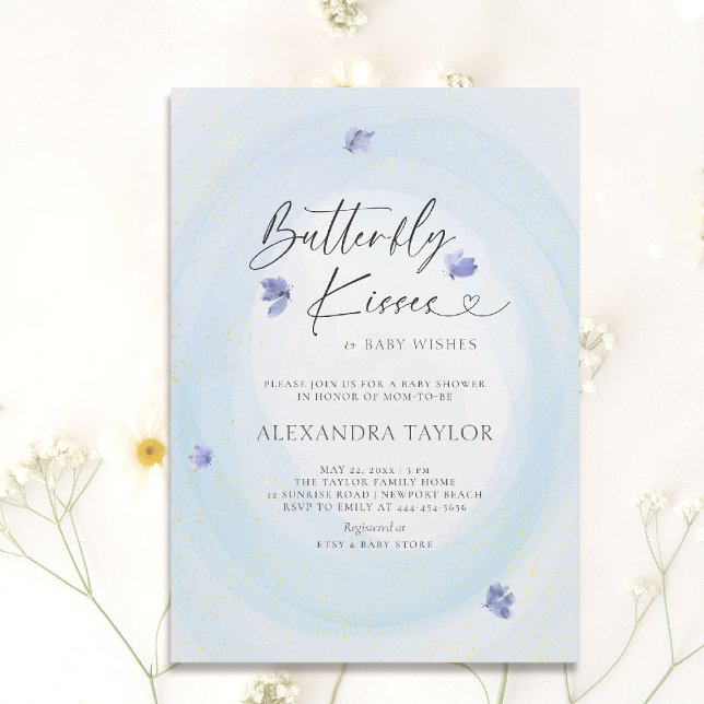 Invitation Papillon bleu tendre Aquarelle bébé garçon douche (butterfly baby shower theme boy invitation watercolor whimsical sprinkles garden party spring summer)