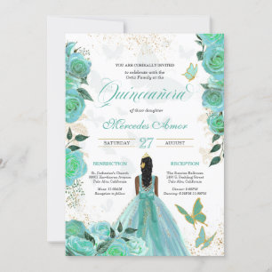Invitation Papillon bleu turquoise Rose Quinceanera