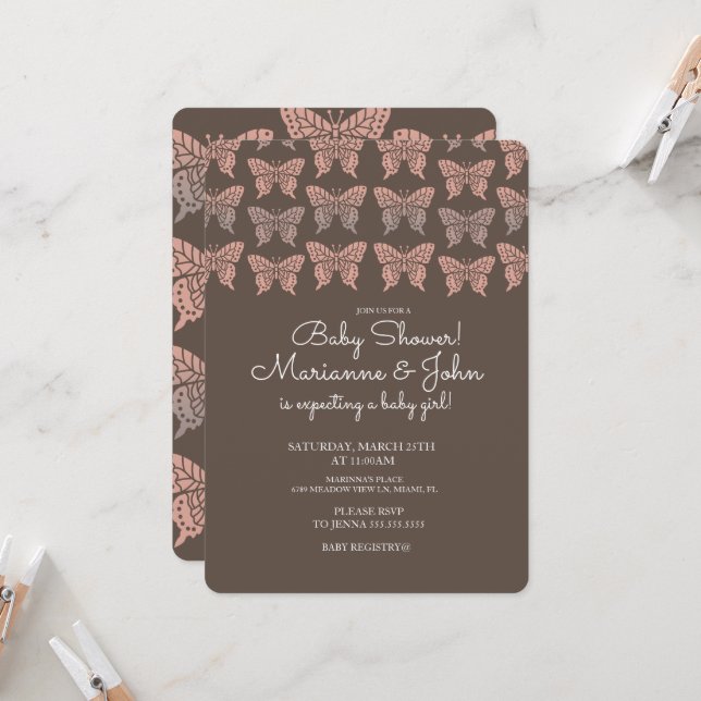 Invitation Papillon Boho rose et Baby shower Brown (Devant/Arrière en situation)