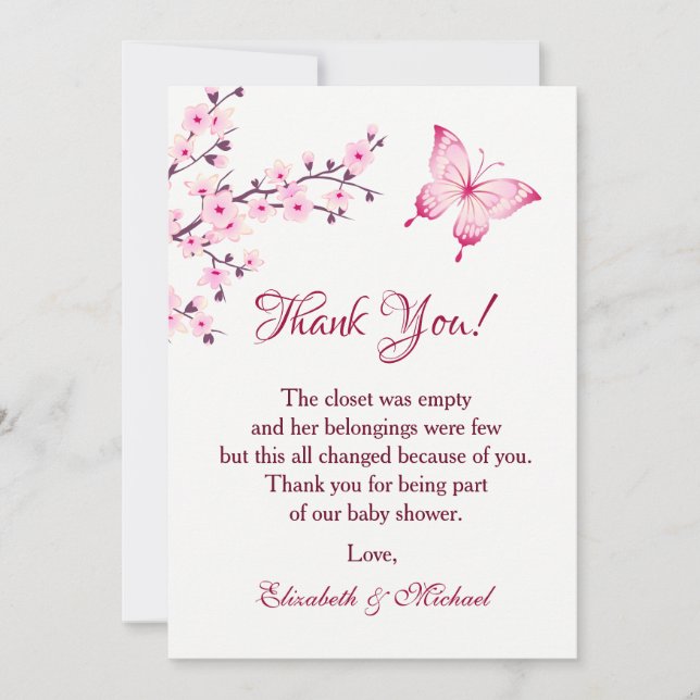 Invitation Papillon cerise en fleurs | MERCI BABY SHOWER (Devant)