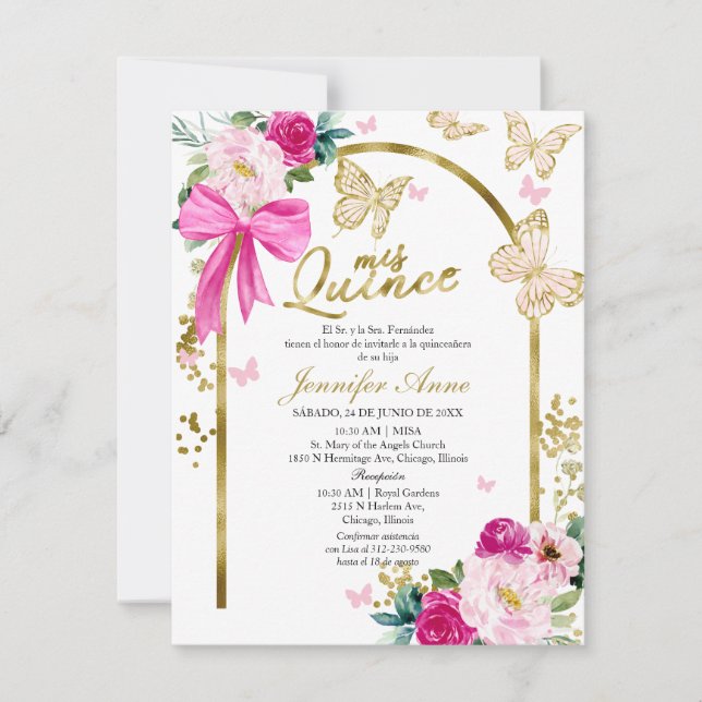 Invitation Papillon Chaud Bow Floral espagnol Quinceanera (Devant)